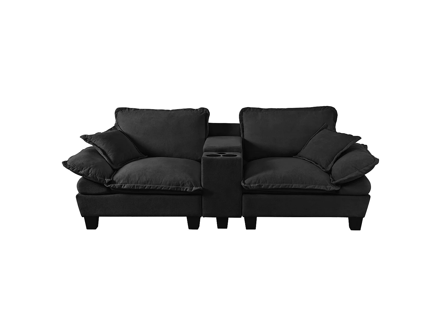 Canapé 2 places avec USB, 2 coussins et porte-gobelets - Chenille noir