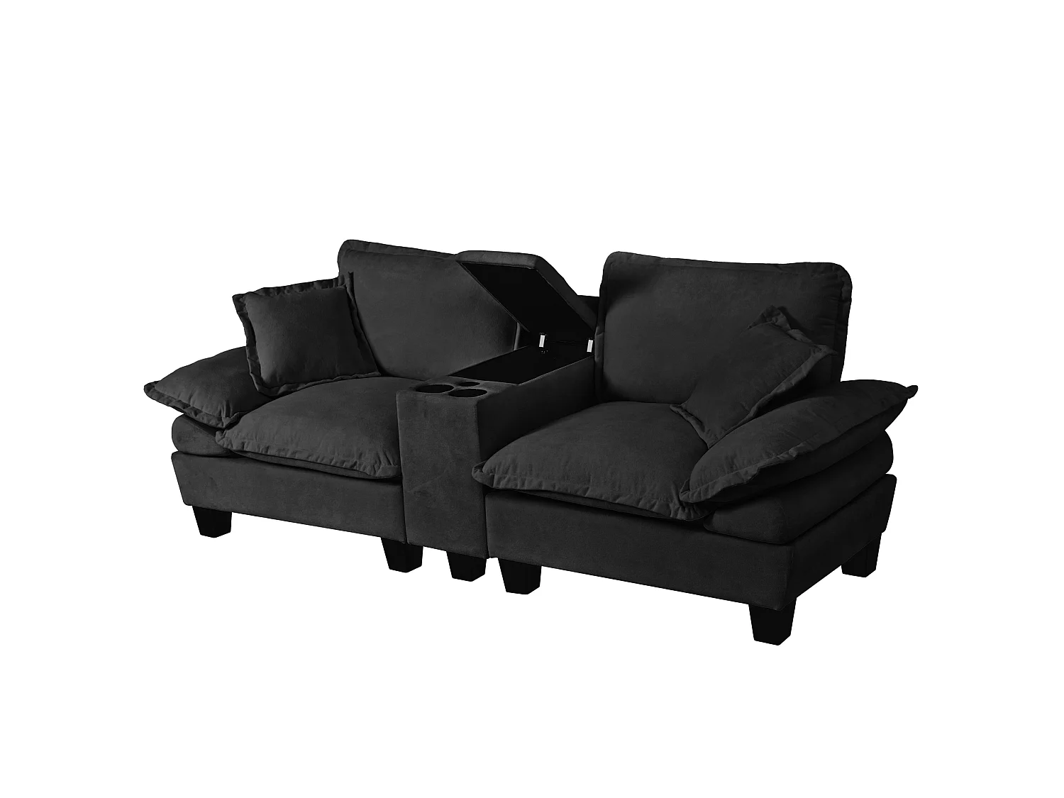 Canapé 2 places avec USB, 2 coussins et porte-gobelets - Chenille noir