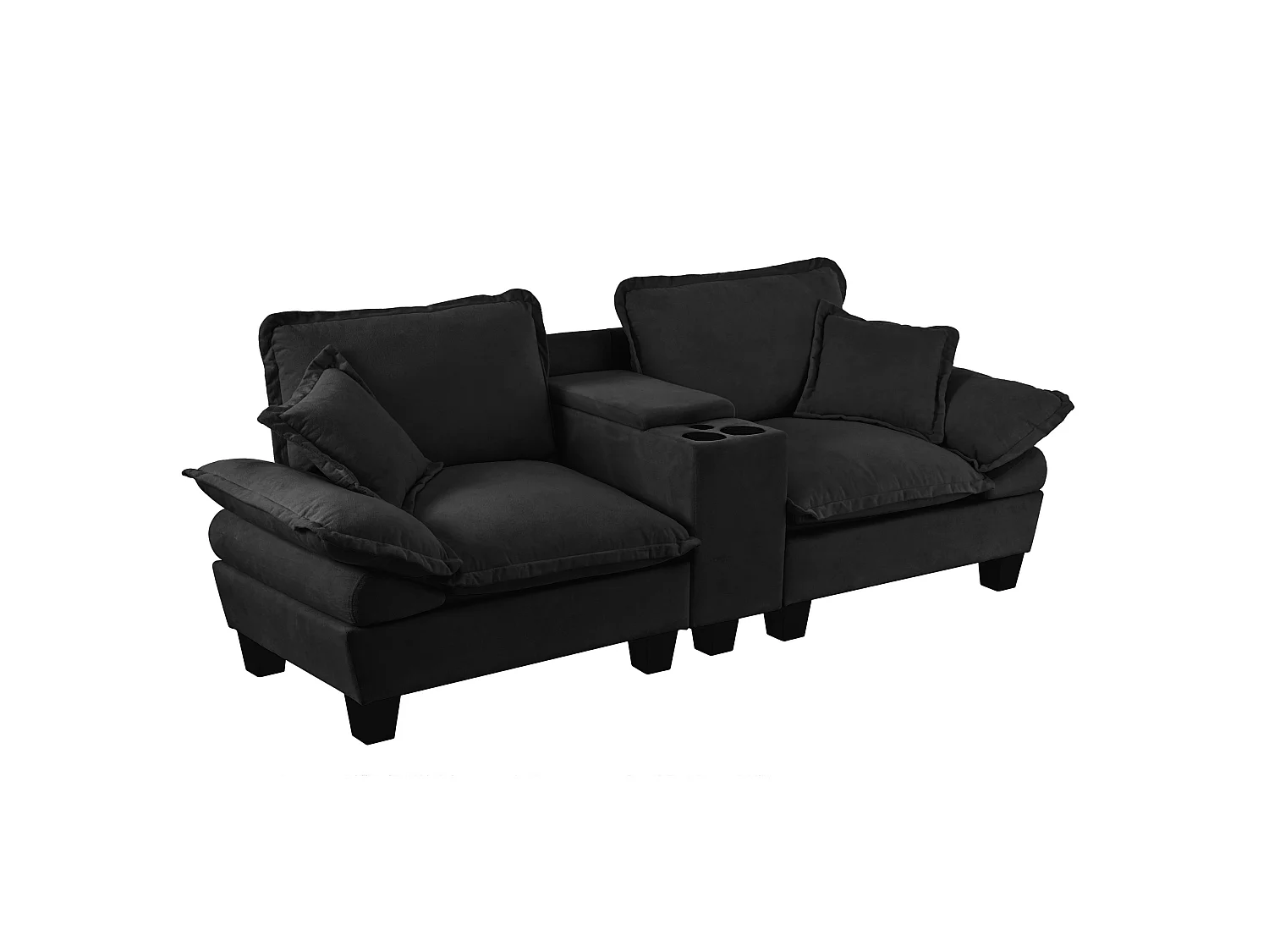 Canapé 2 places avec USB, 2 coussins et porte-gobelets - Chenille noir