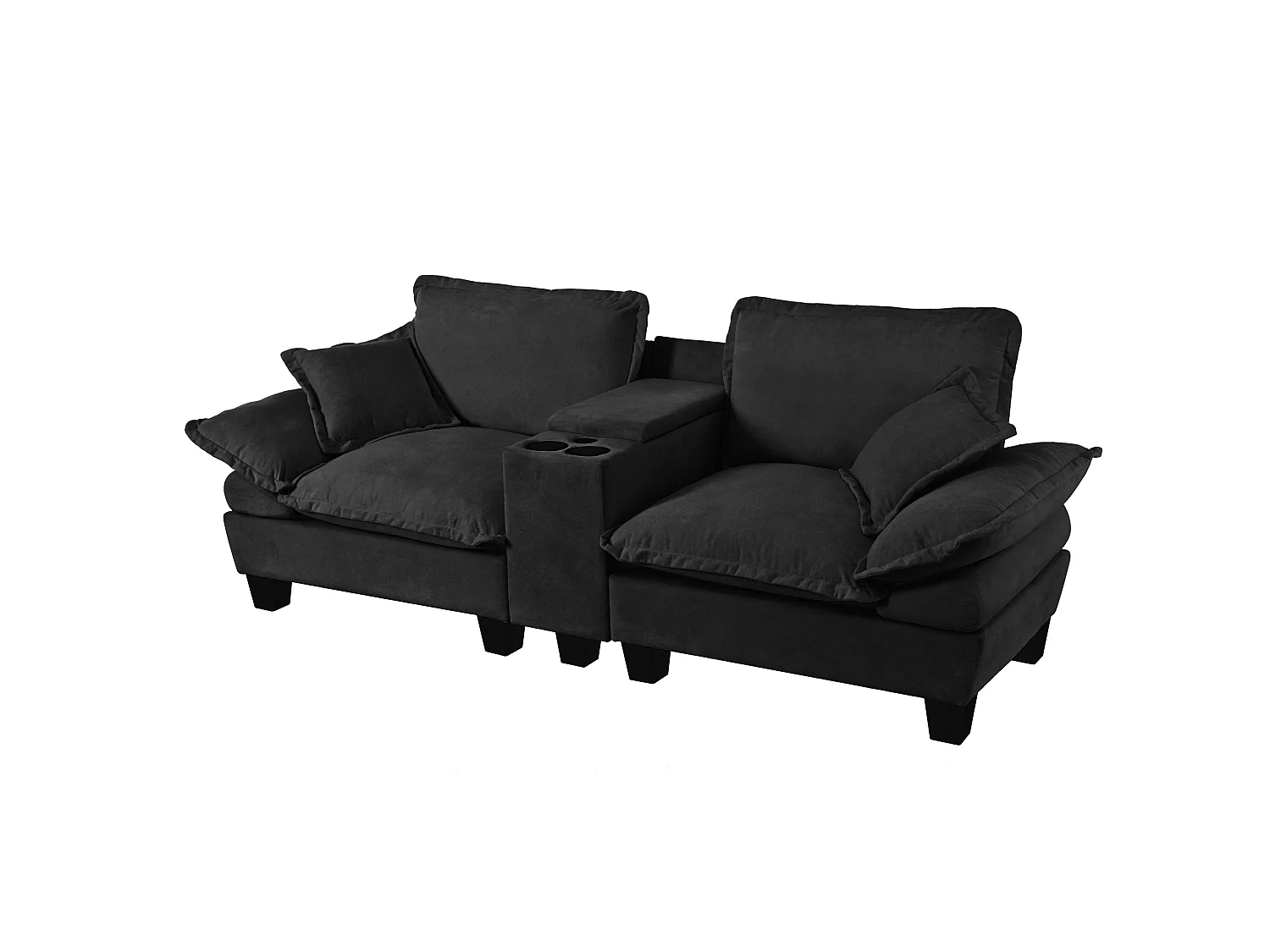 Canapé 2 places avec USB, 2 coussins et porte-gobelets - Chenille noir