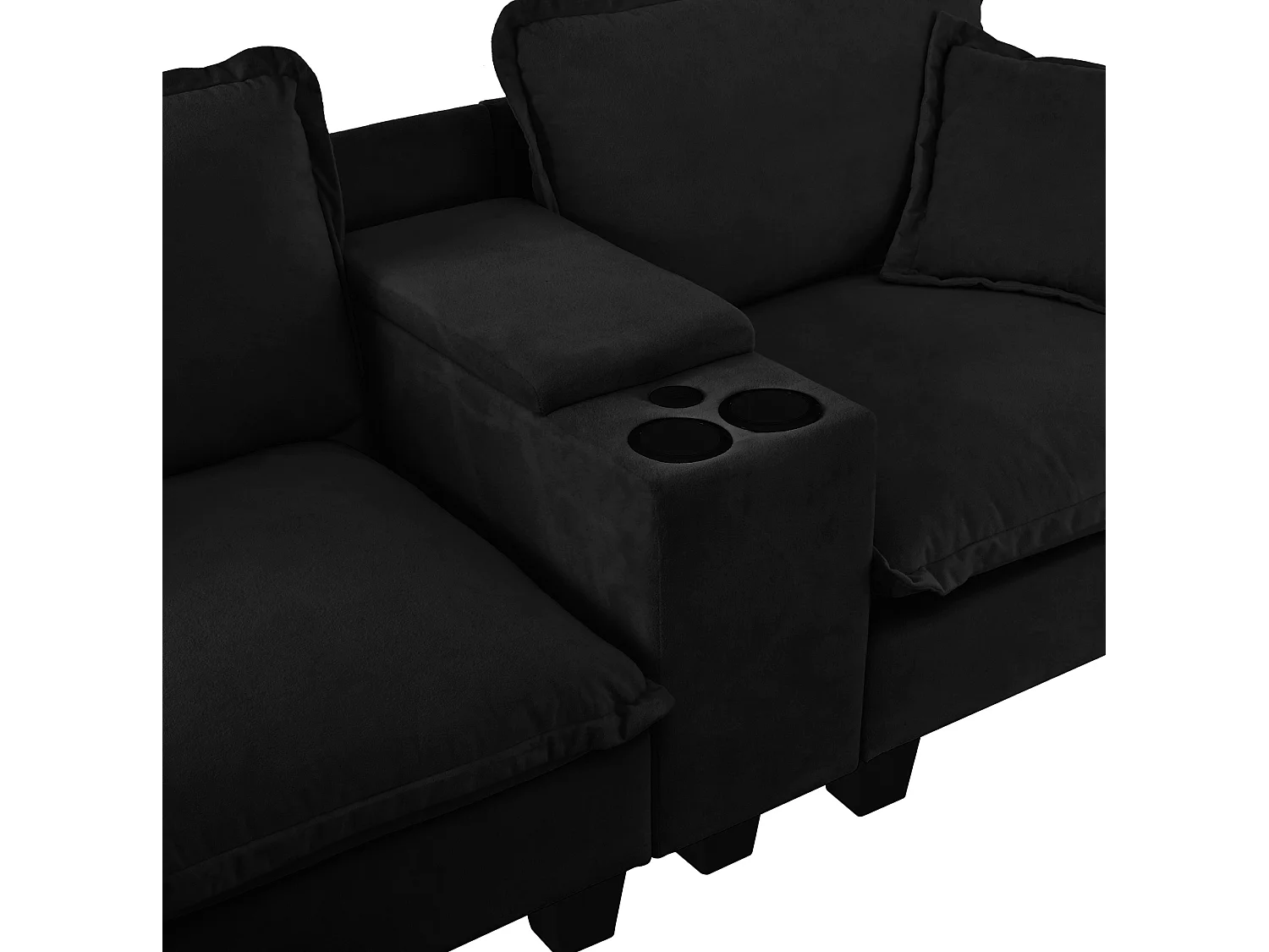 Canapé 2 places avec USB, 2 coussins et porte-gobelets - Chenille noir