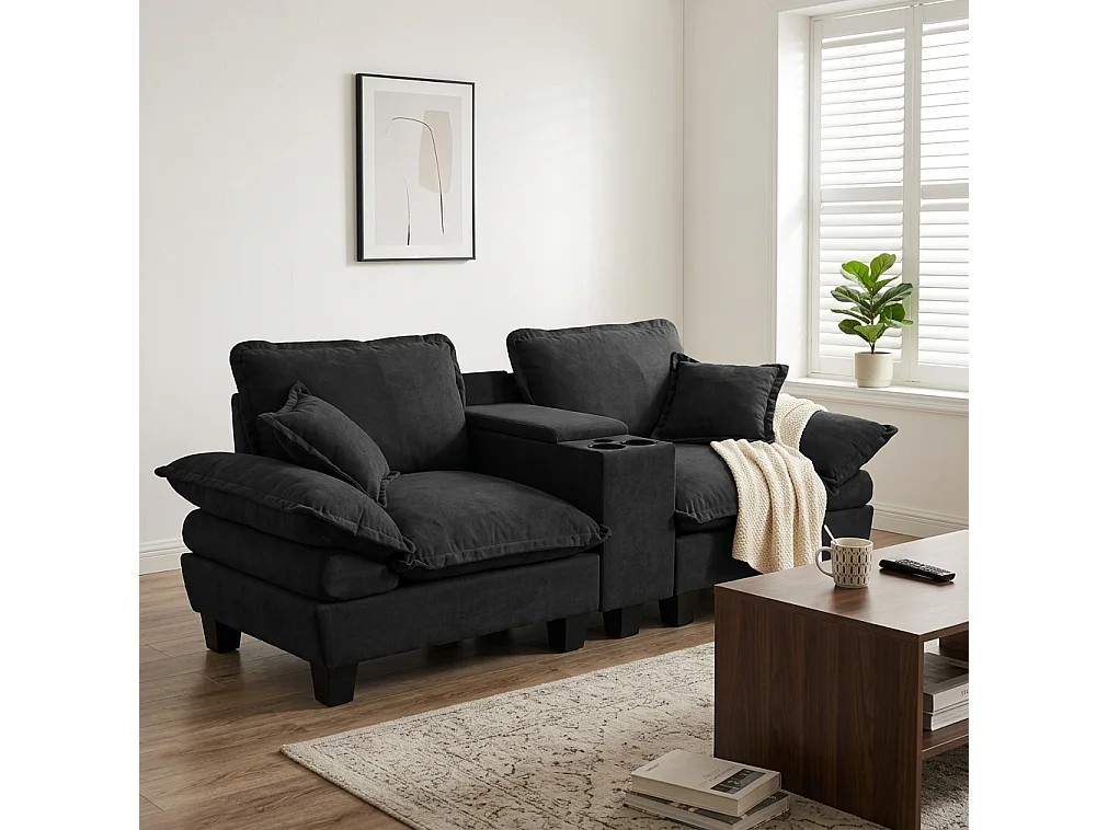 Canapé 2 places avec USB, 2 coussins et porte-gobelets - Chenille noir