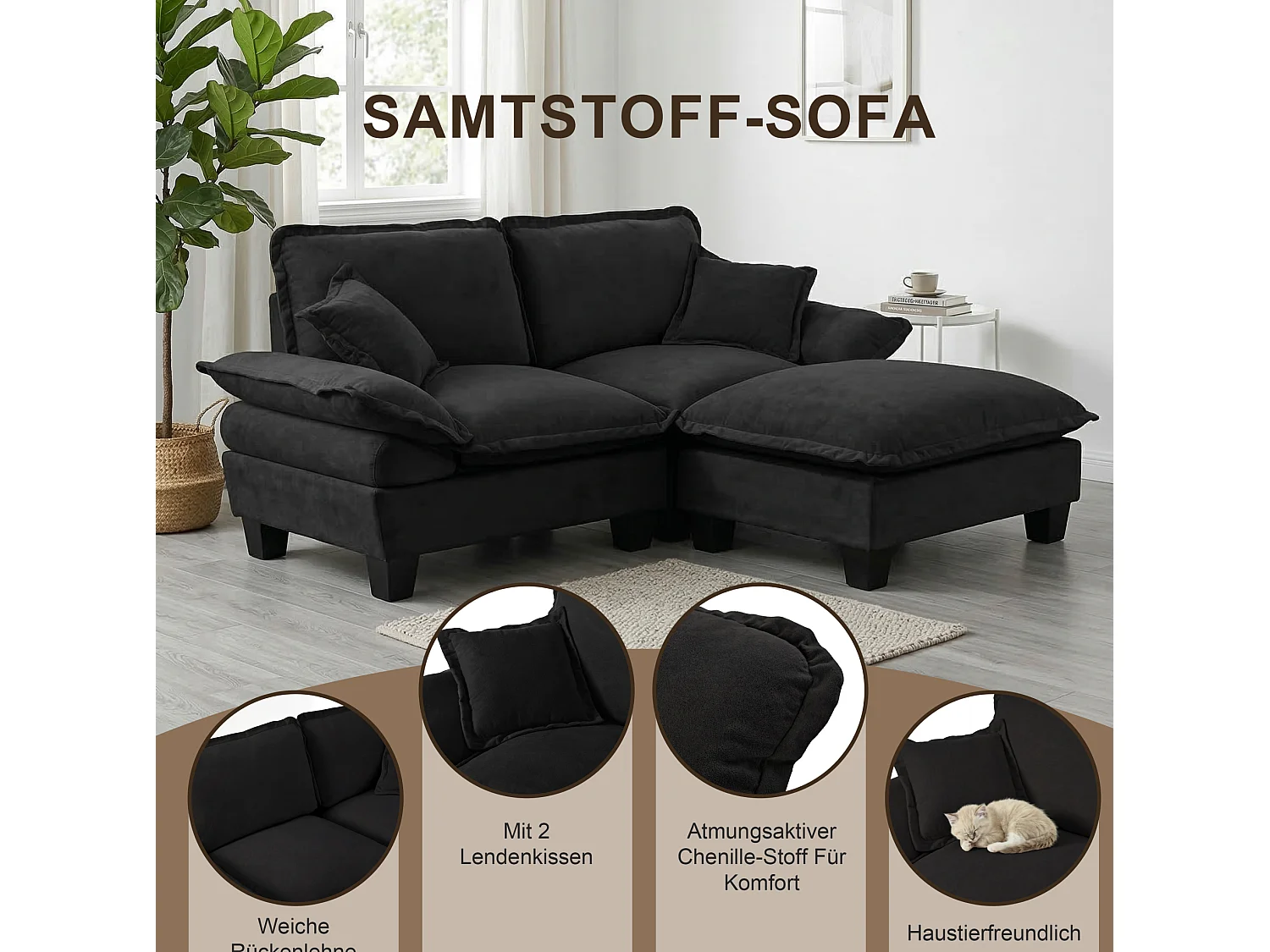 Canapé 2 places avec USB, 2 coussins et porte-gobelets - Chenille noir