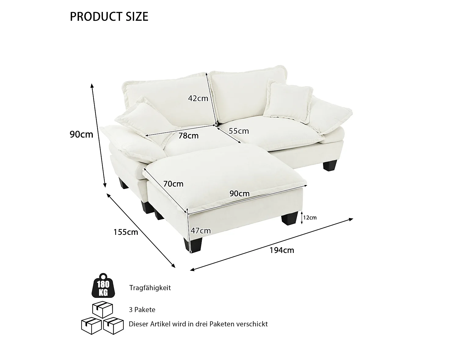 2-sits modulär hörnsoffa i beige chenille med 1 fotpall och 2 kuddar