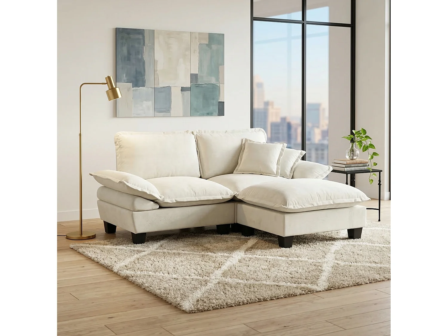2-sits modulär hörnsoffa i beige chenille med 1 fotpall och 2 kuddar