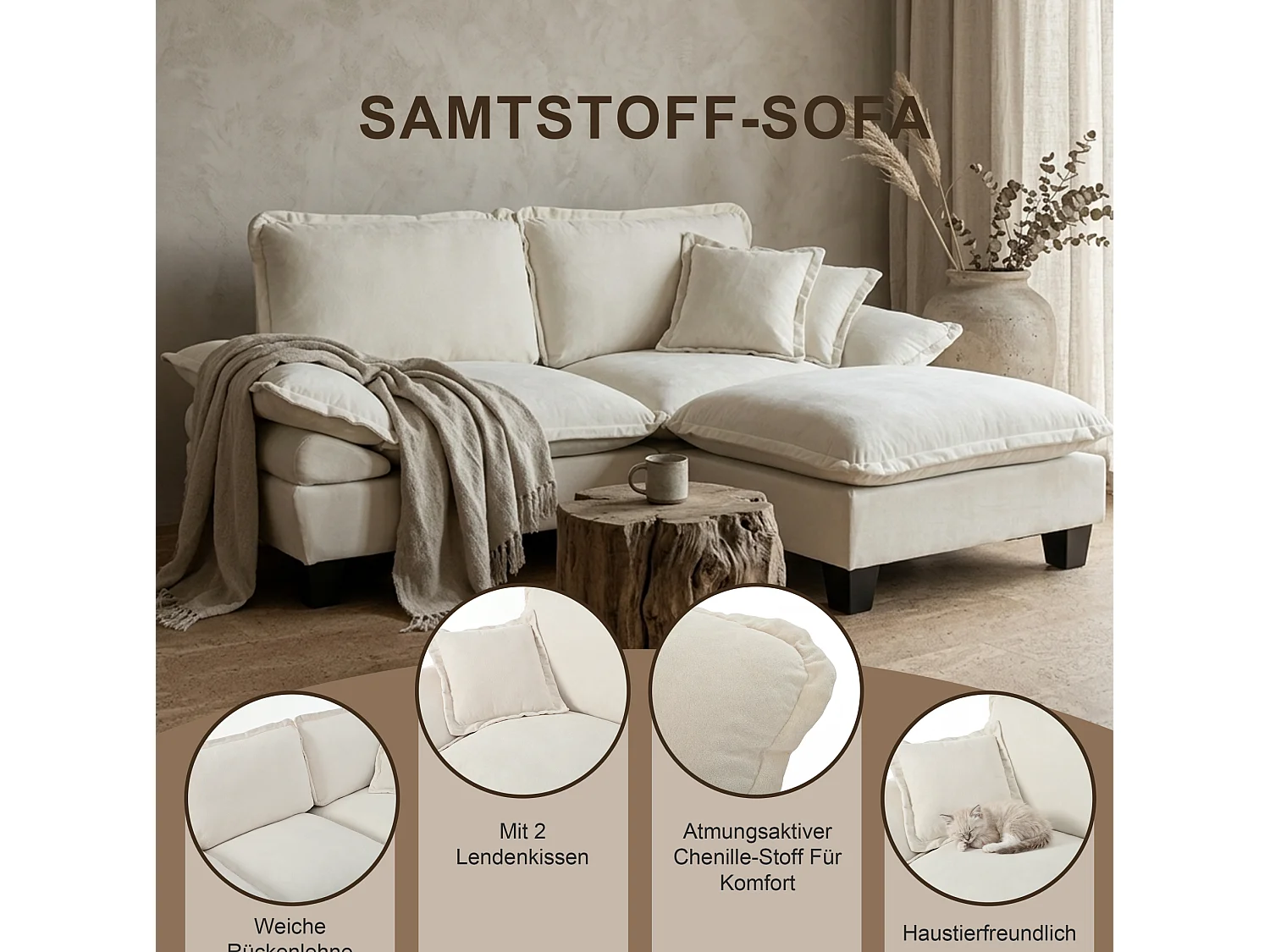2-sits modulär hörnsoffa i beige chenille med 1 fotpall och 2 kuddar