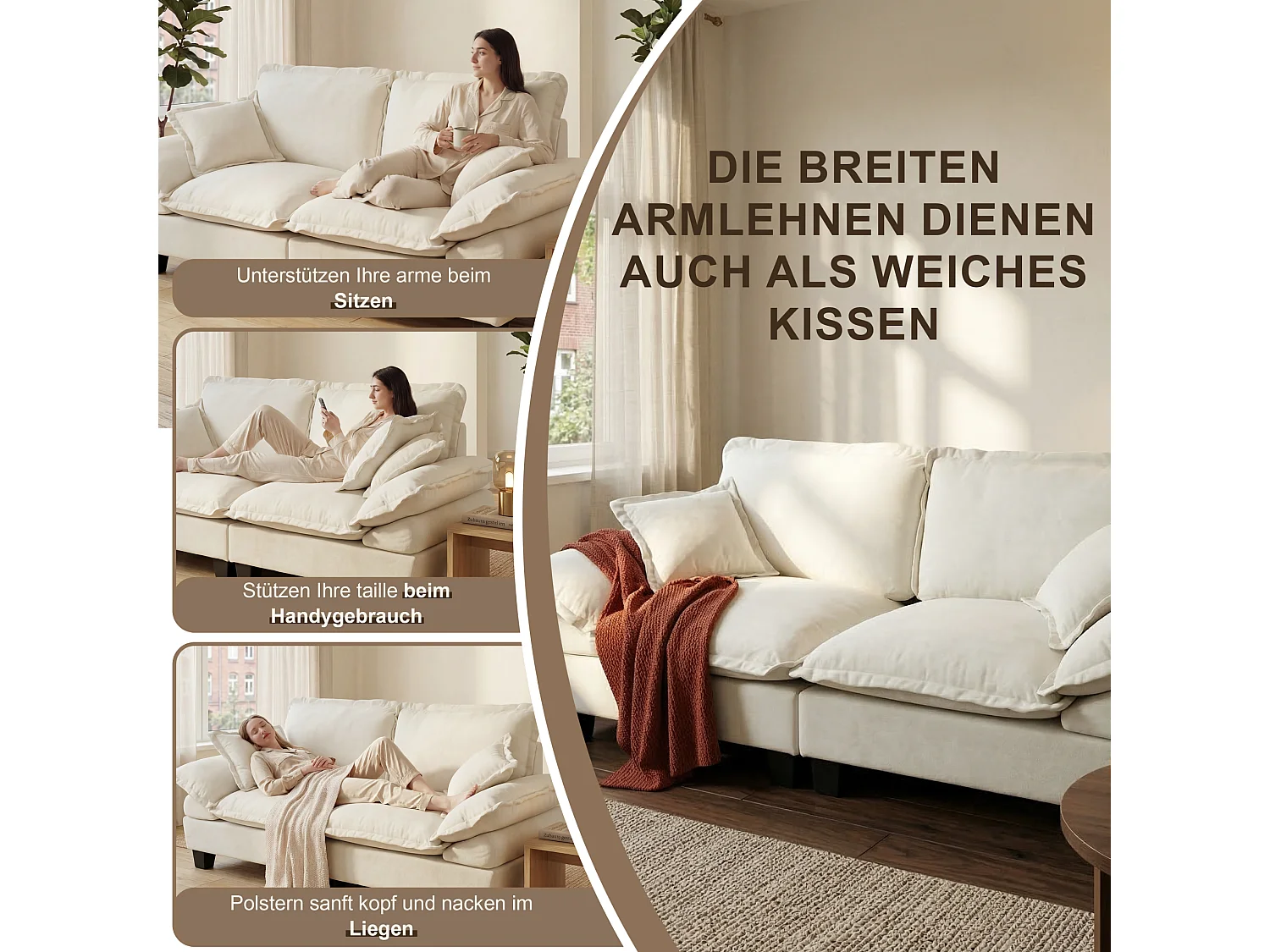 2-sits modulär hörnsoffa i beige chenille med 1 fotpall och 2 kuddar