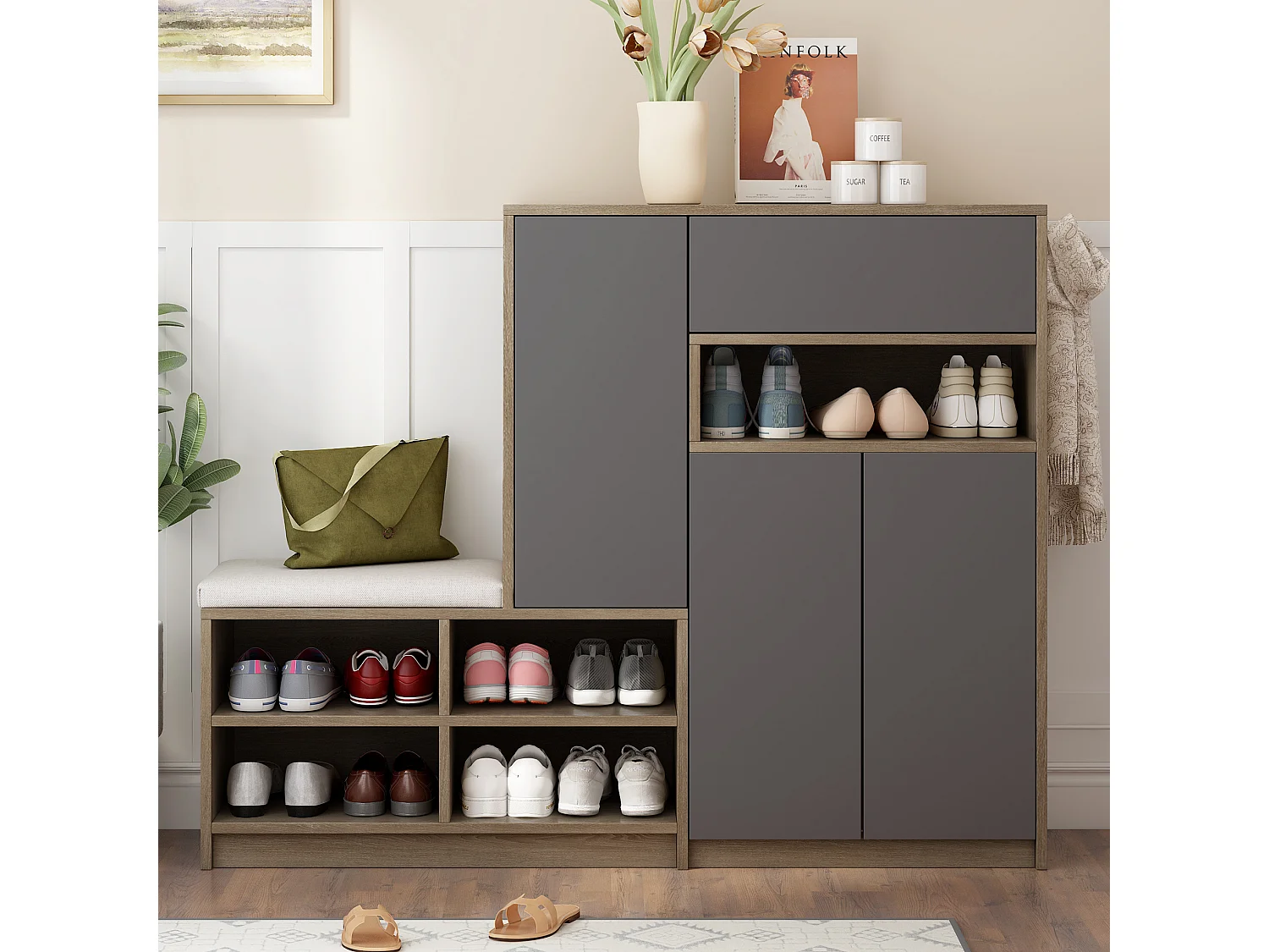 Meuble à chaussures avec banc et étagères réglables - Gris et bois
