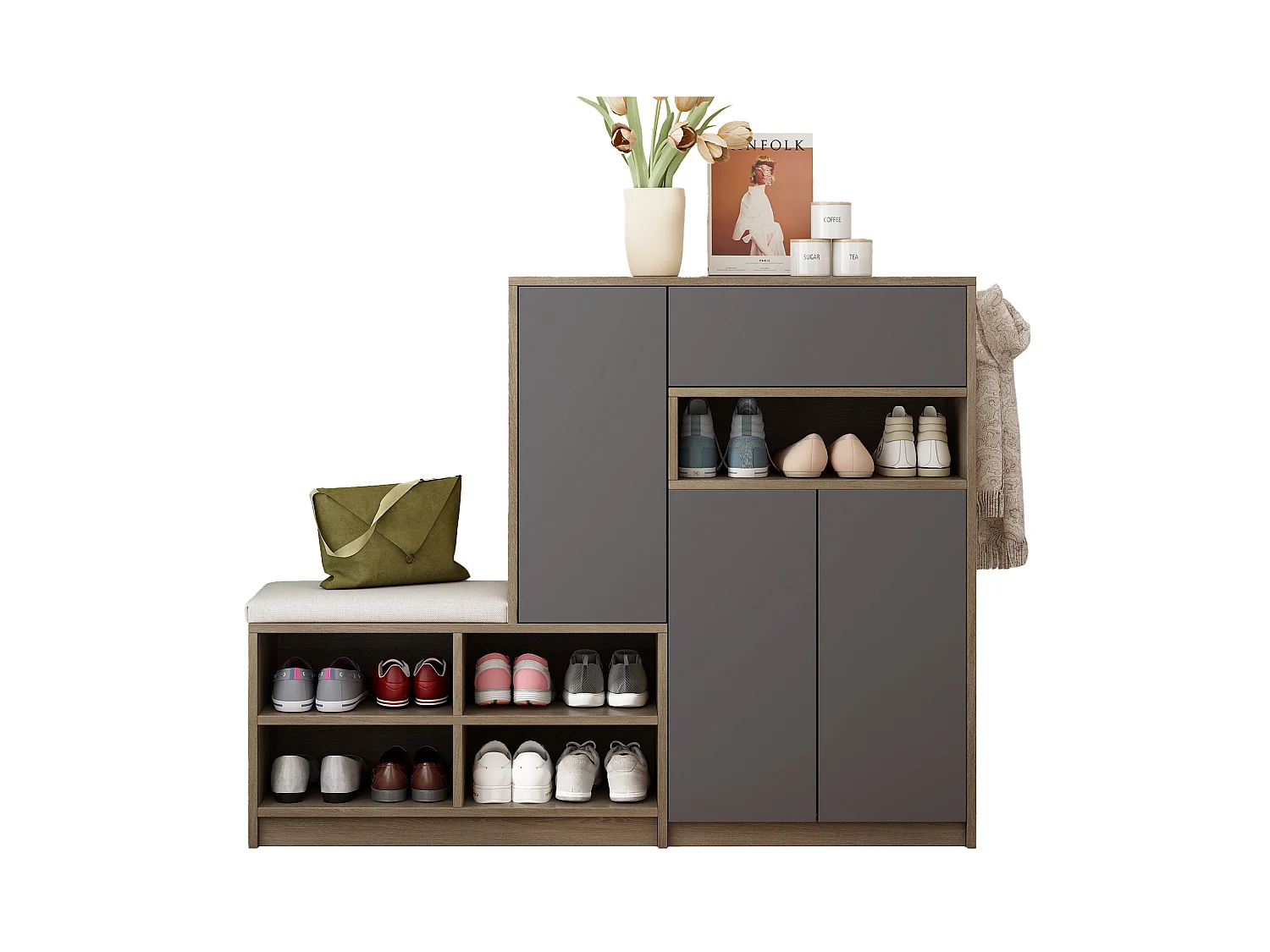 Meuble à chaussures avec banc et étagères réglables - Gris et bois