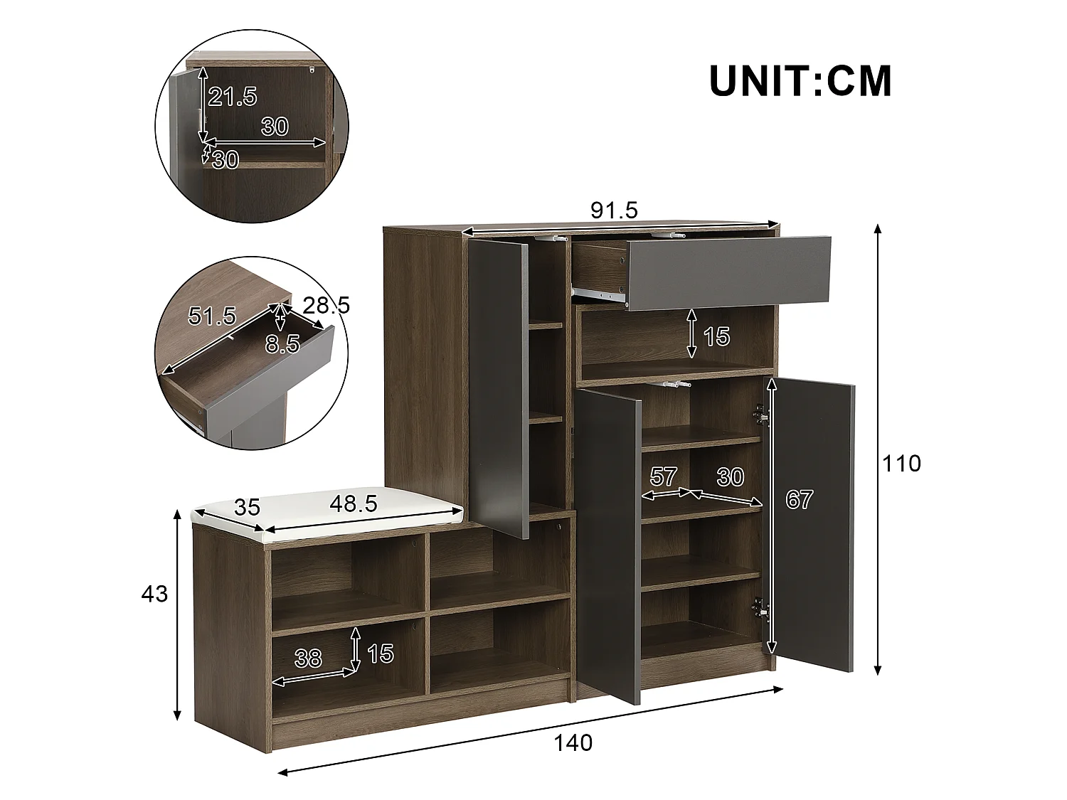 Meuble à chaussures avec banc et étagères réglables - Gris et bois