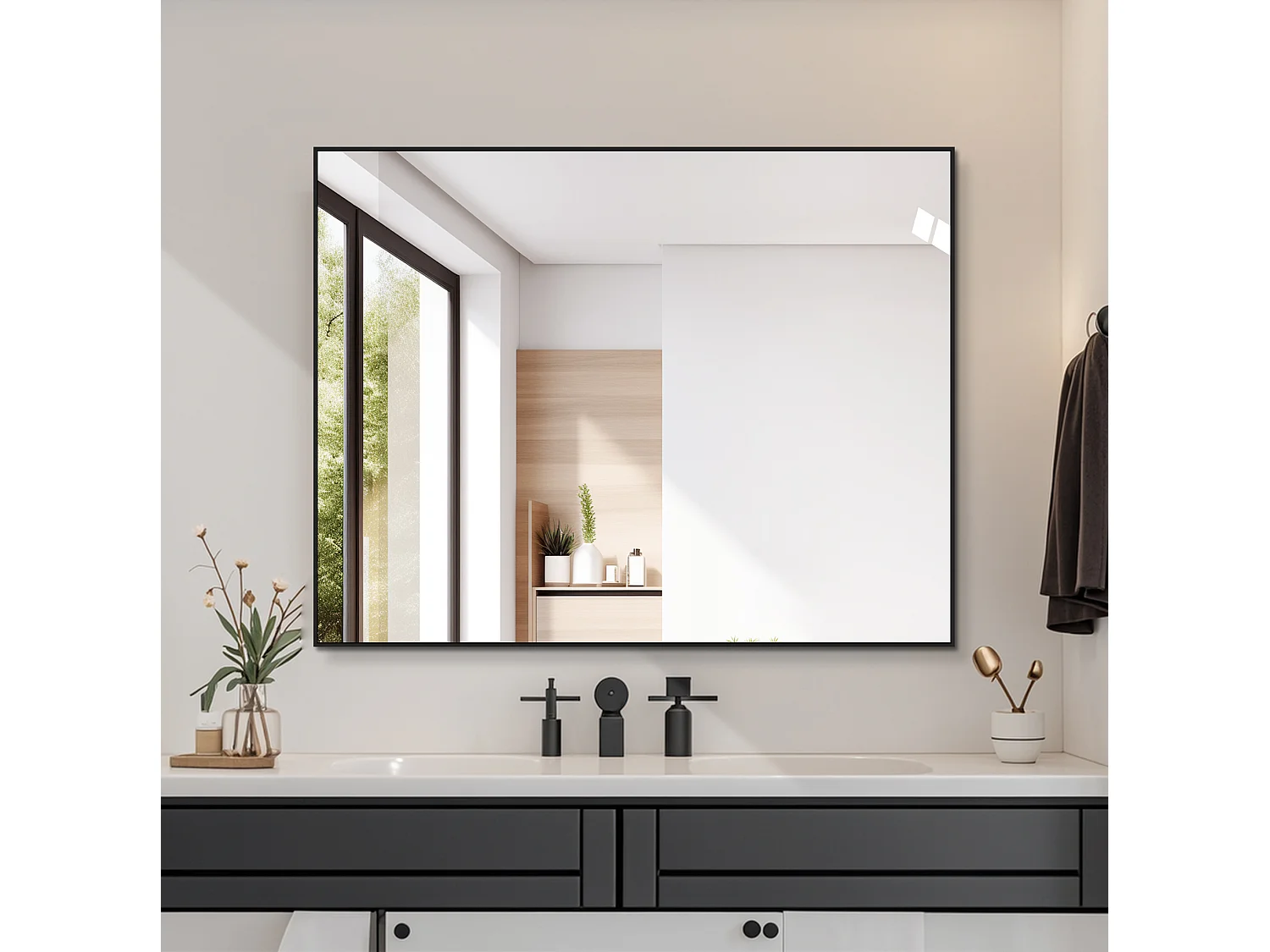 70 x 90 cm badrumsspegel med svart aluminiumram – För badrum, hall och omklädningsrum