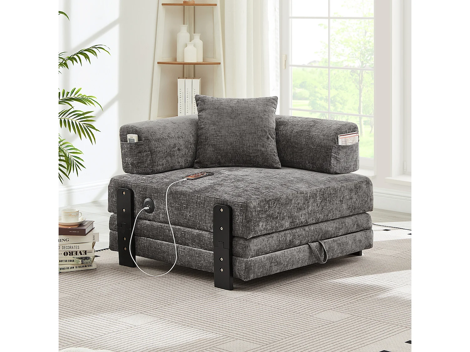 Canapé convertible pliant 2-en-1 avec USB, Type-C et rangement - Tissu gris foncé