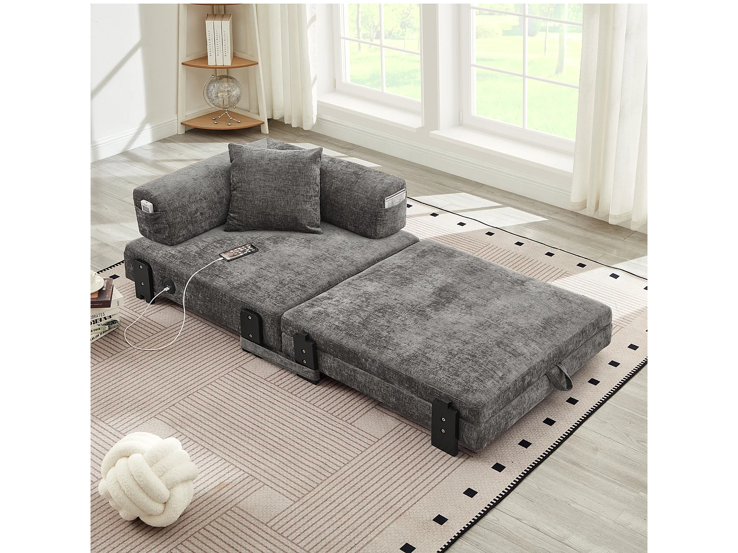 Canapé convertible pliant 2-en-1 avec USB, Type-C et rangement - Tissu gris foncé