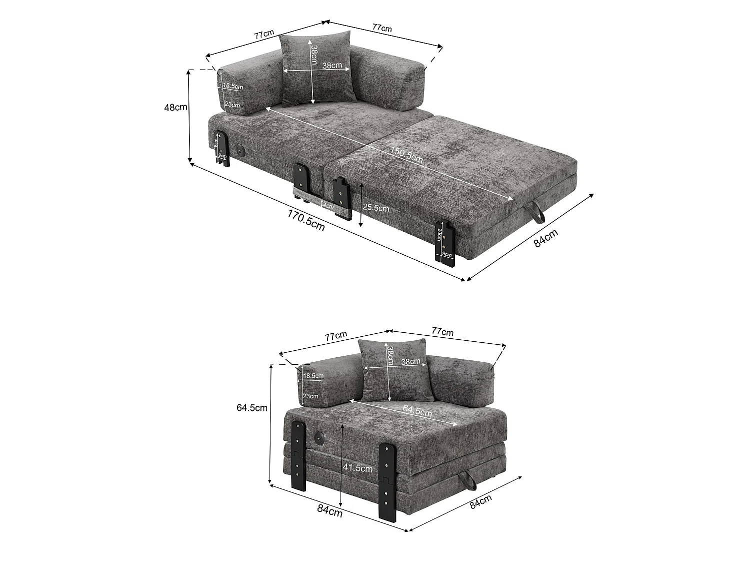 Canapé convertible pliant 2-en-1 avec USB, Type-C et rangement - Tissu gris foncé