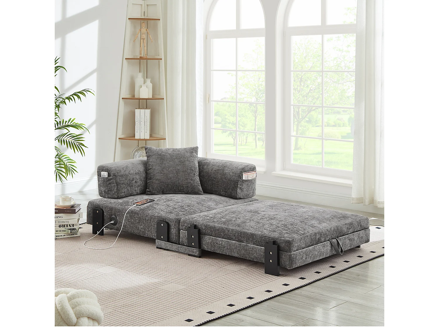 Canapé convertible pliant 2-en-1 avec USB, Type-C et rangement - Tissu gris foncé