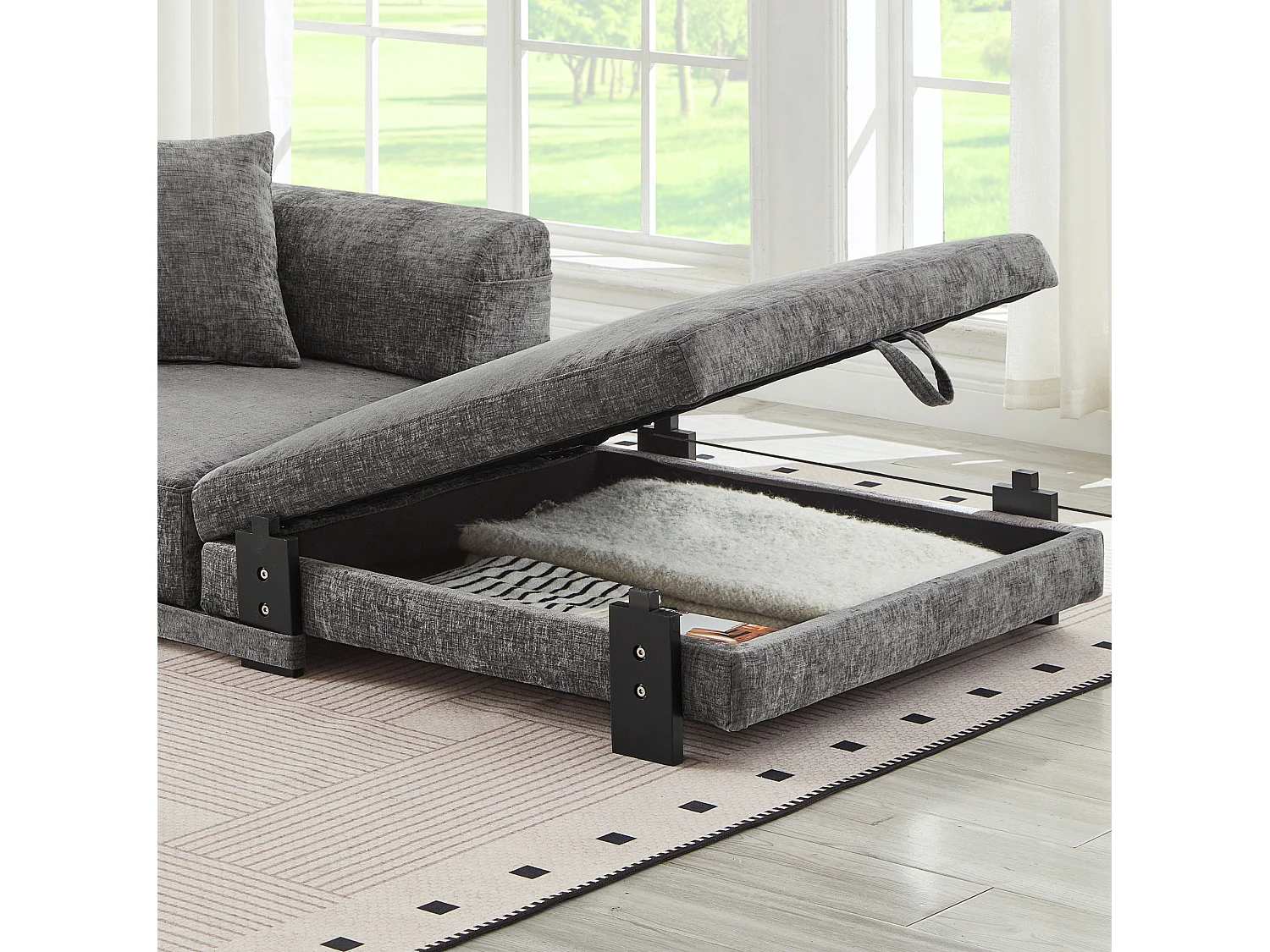 Canapé convertible pliant 2-en-1 avec USB, Type-C et rangement - Tissu gris foncé