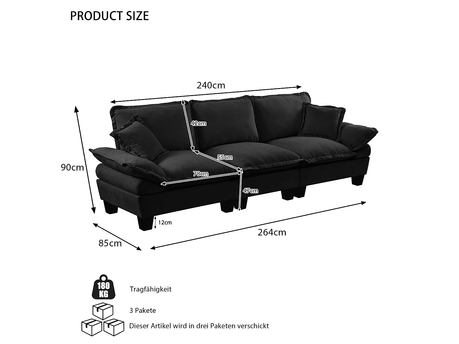 Canapé modulable 3 places 264 cm en chenille avec accoudoirs courbés - Noir