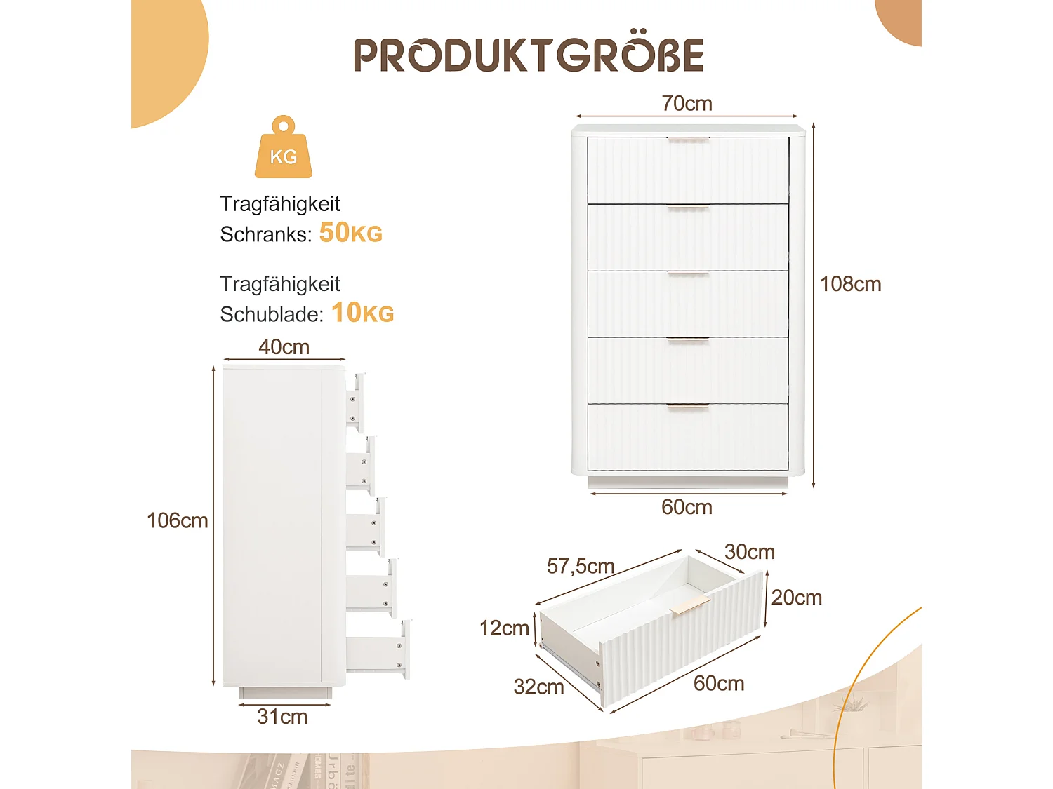 Byrå med 5 lådor och metallhandtag - Vit 70 x 40 x 108 cm