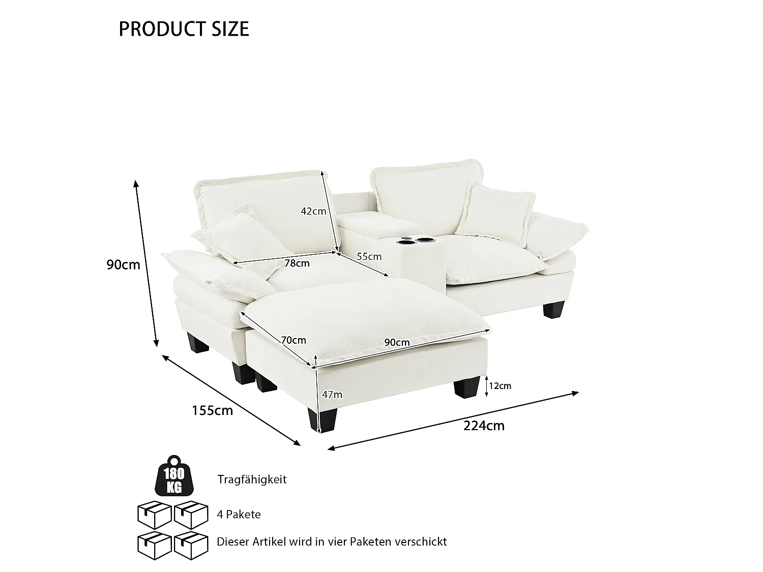 Divano a 2 posti con porta USB, pouf e portabicchieri - Tessuto ciniglia beige