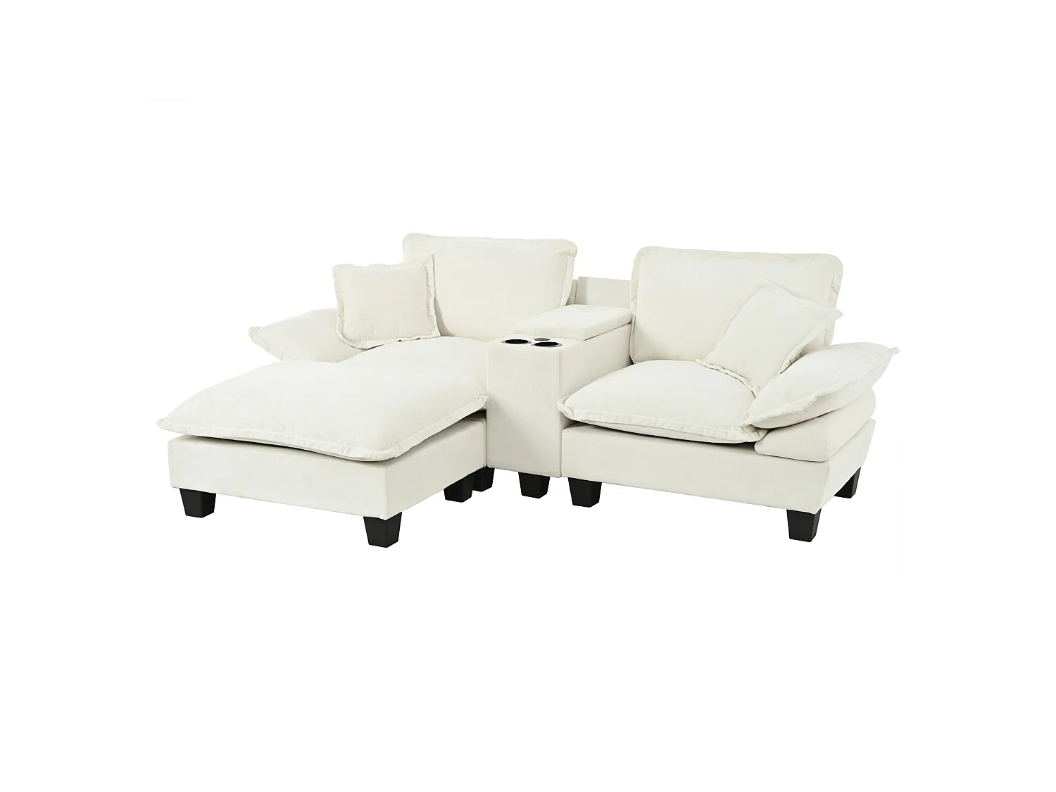 Divano a 2 posti con porta USB, pouf e portabicchieri - Tessuto ciniglia beige