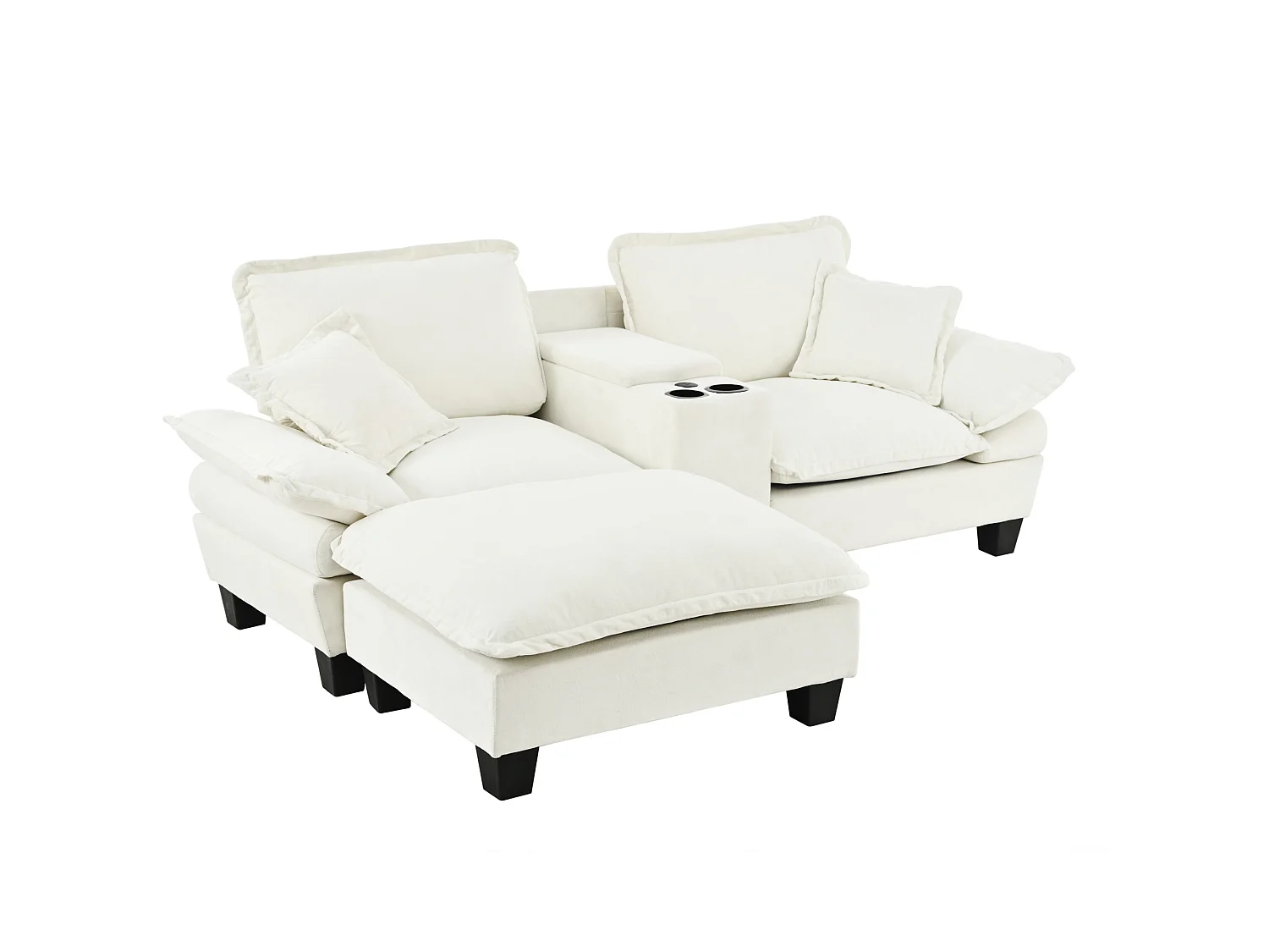 Divano a 2 posti con porta USB, pouf e portabicchieri - Tessuto ciniglia beige