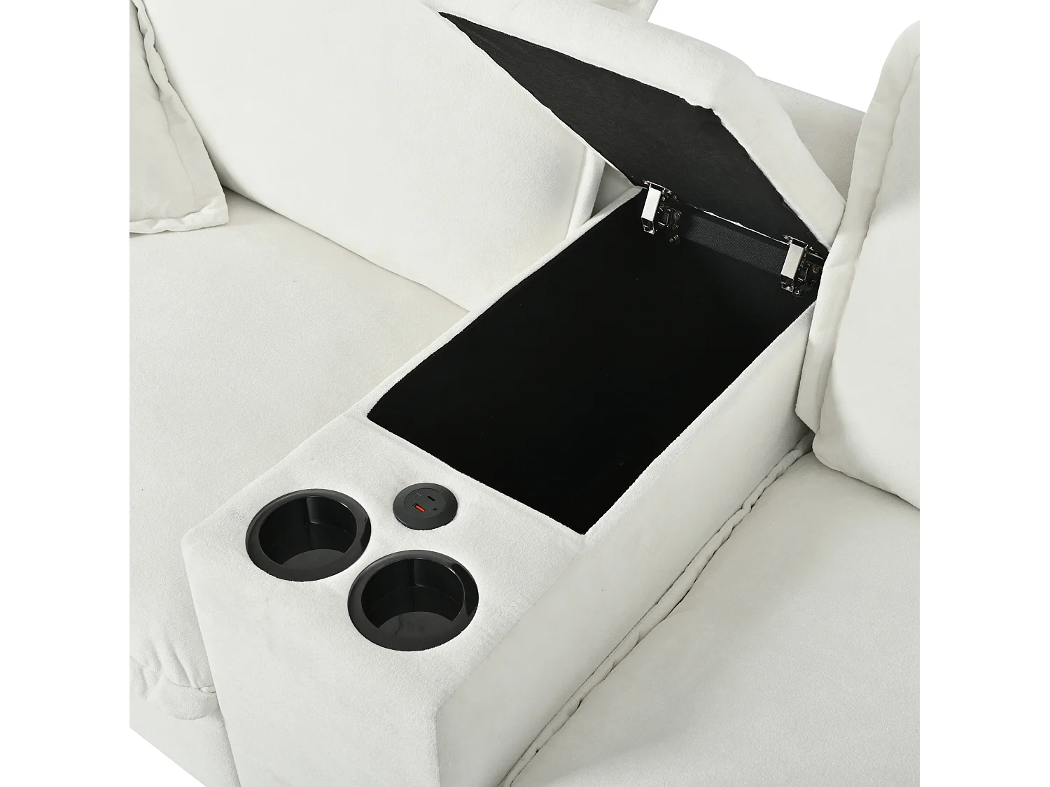 Divano a 2 posti con porta USB, pouf e portabicchieri - Tessuto ciniglia beige