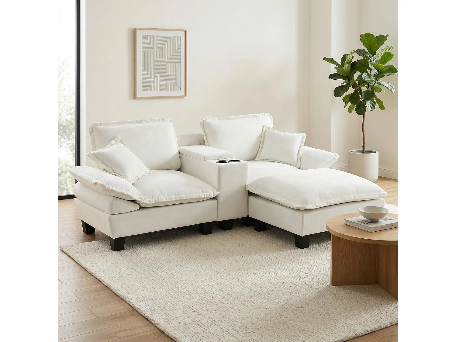 Divano a 2 posti con porta USB, pouf e portabicchieri - Tessuto ciniglia beige