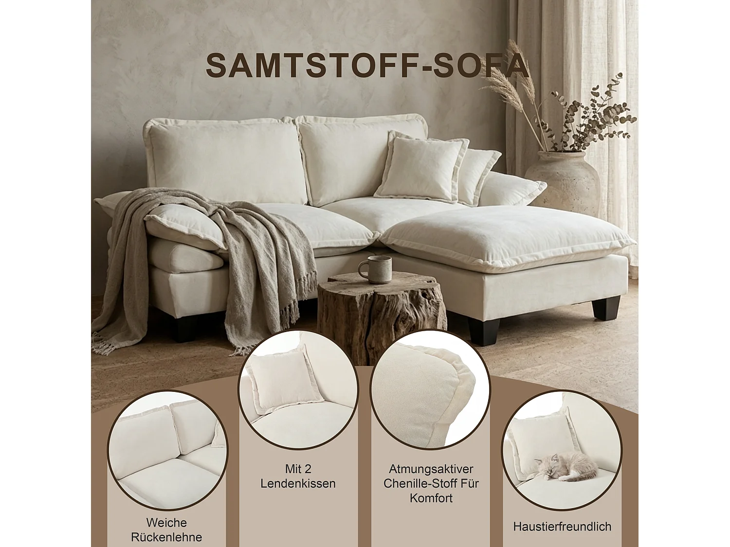 Divano a 2 posti con porta USB, pouf e portabicchieri - Tessuto ciniglia beige