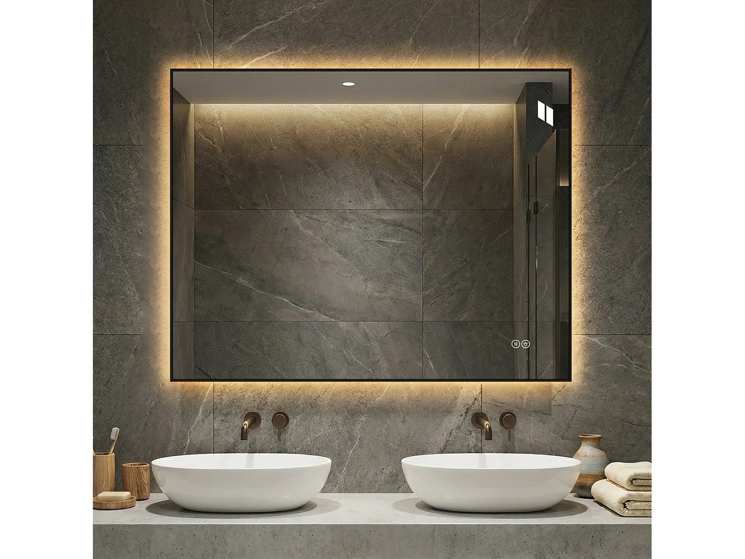 Miroir de salle de bain LED 90 x 70 cm avec cadre en aluminium, antibuée, 3 couleurs d'éclairage