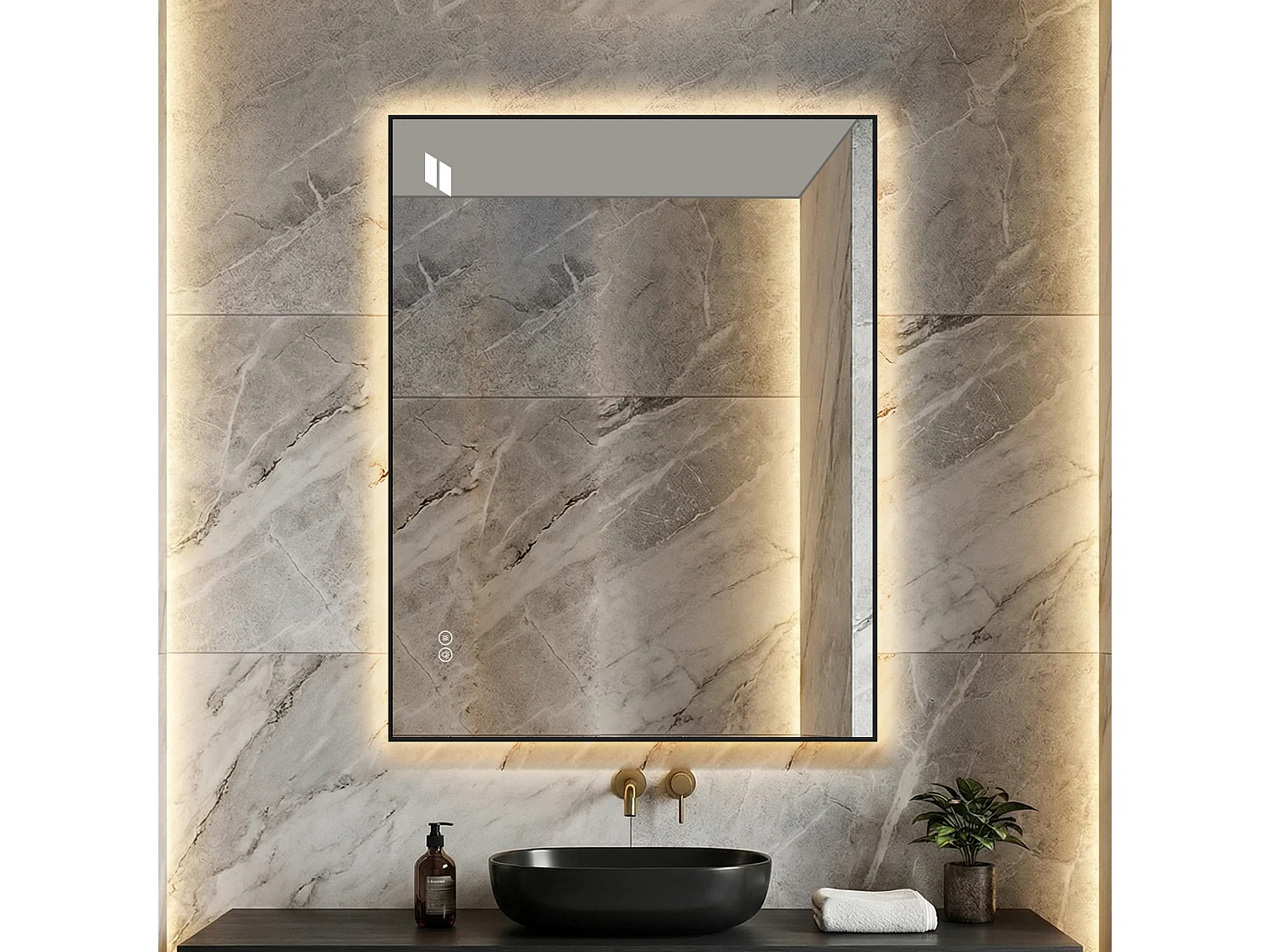 Miroir de salle de bain LED 90 x 70 cm avec cadre en aluminium, antibuée, 3 couleurs d'éclairage