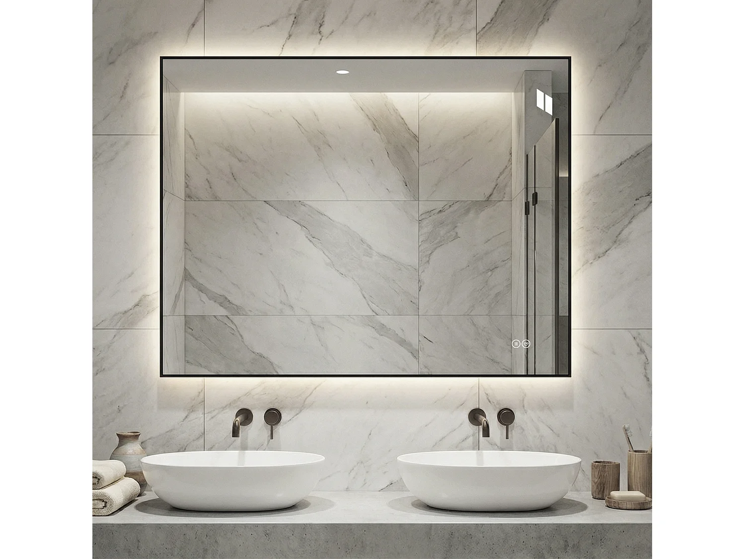 Miroir de salle de bain LED 90 x 70 cm avec cadre en aluminium, antibuée, 3 couleurs d'éclairage