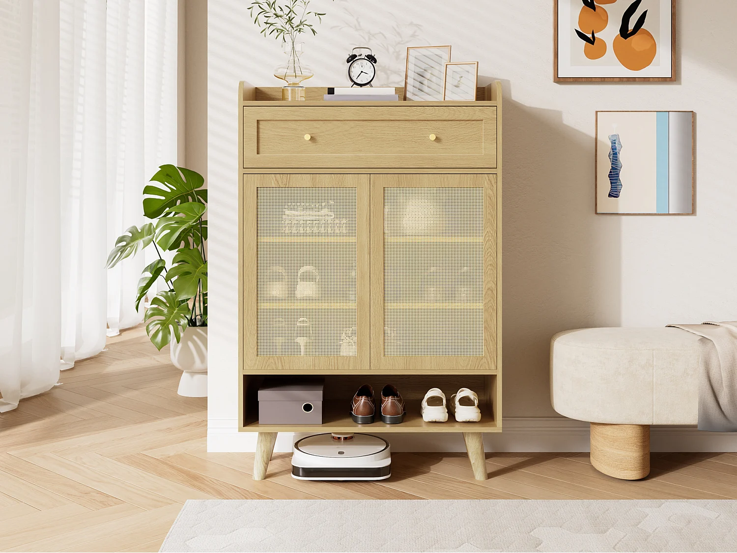 Sapateira em rattan com 2 portas e 1 gaveta – Tom natural claro 80 × 35 × 105 cm