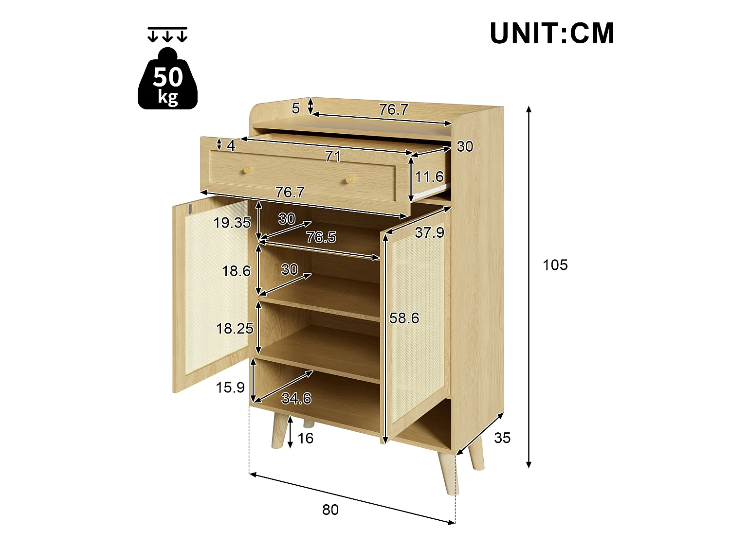 Sapateira em rattan com 2 portas e 1 gaveta – Tom natural claro 80 × 35 × 105 cm