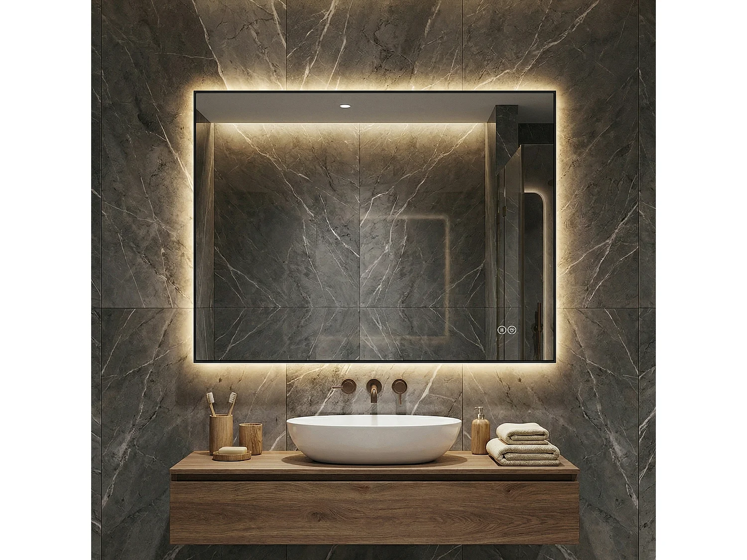 Miroir de salle de bain LED 60 x 80 cm avec cadre en aluminium, antibuée, 3 couleurs d'éclairage