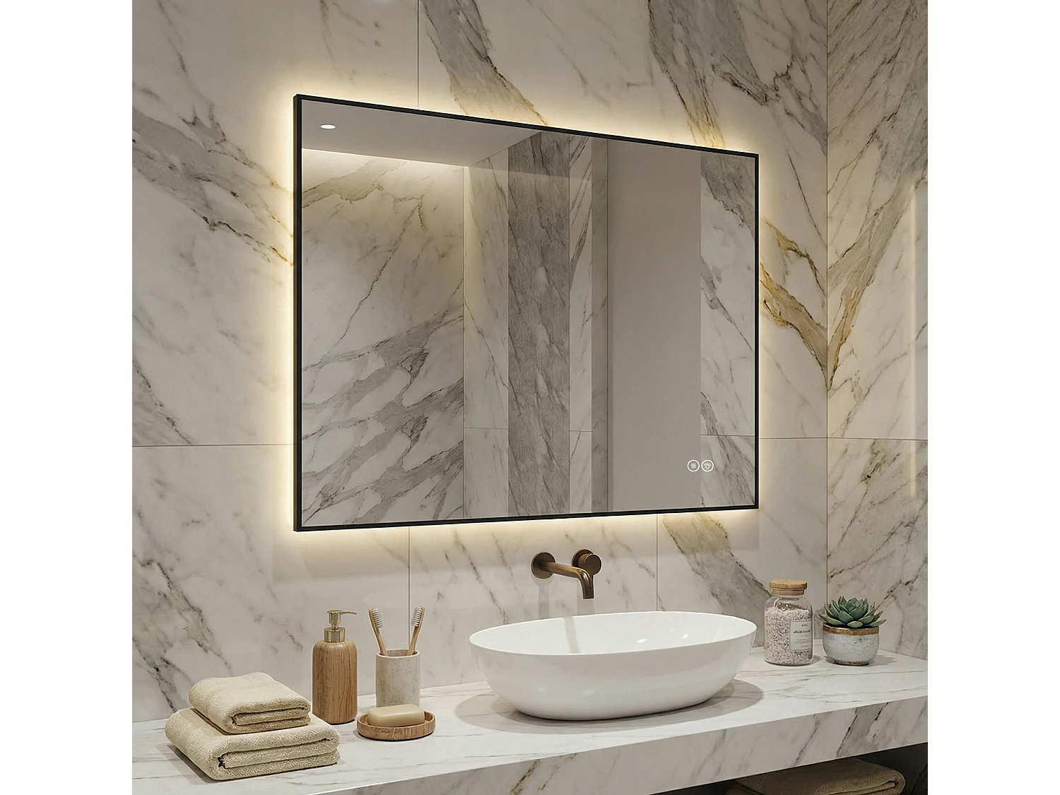 Miroir de salle de bain LED 60 x 80 cm avec cadre en aluminium, antibuée, 3 couleurs d'éclairage