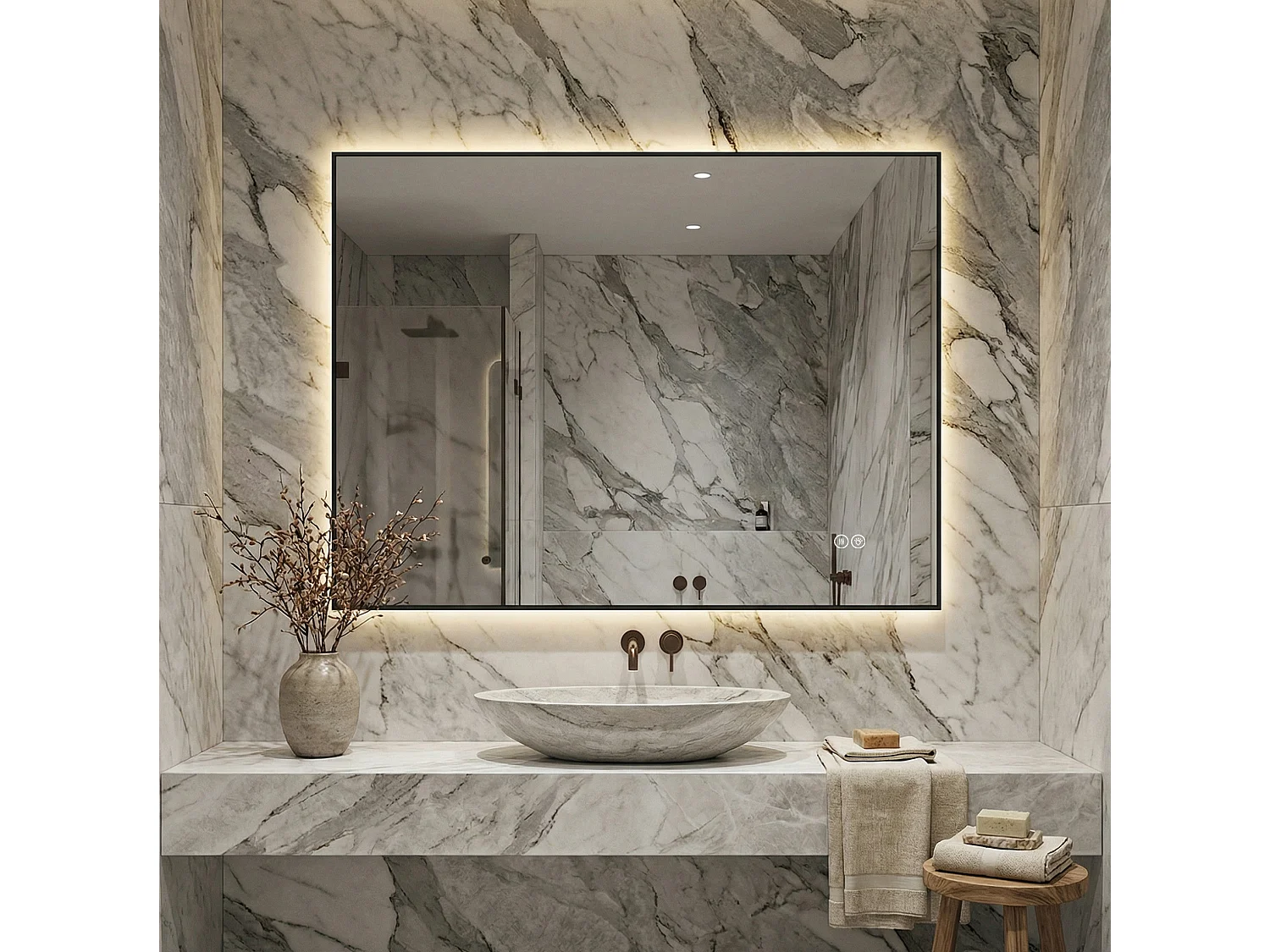 Miroir de salle de bain LED 60 x 80 cm avec cadre en aluminium, antibuée, 3 couleurs d'éclairage