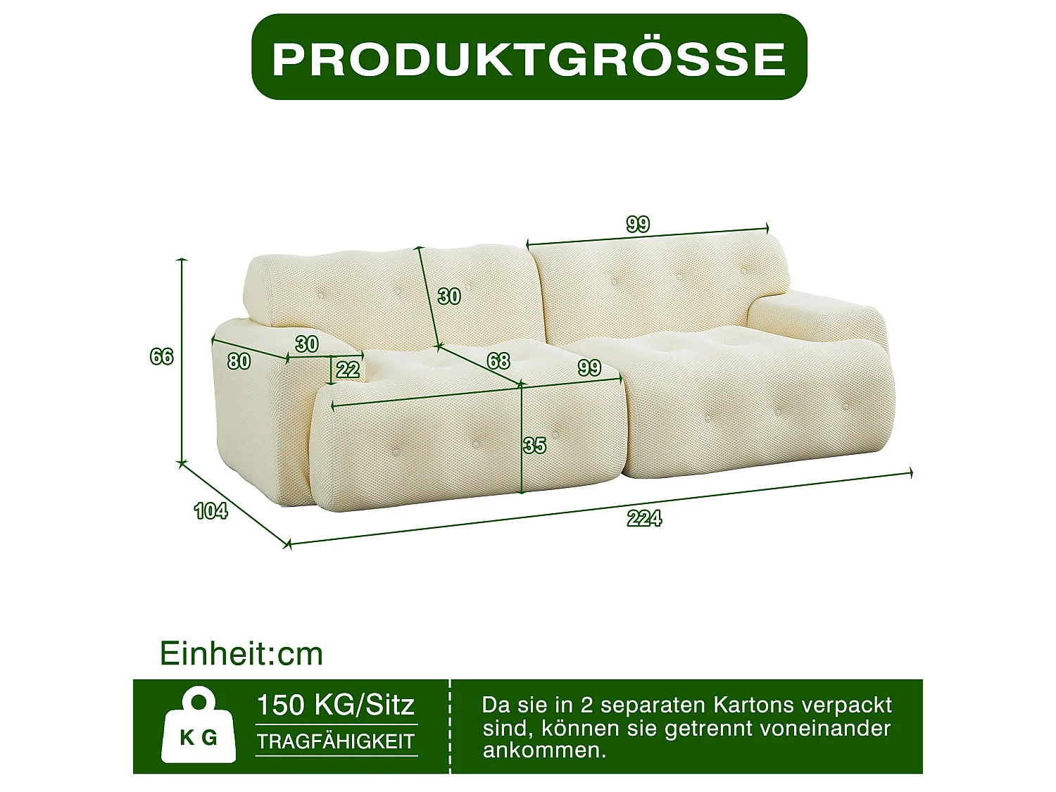 Modulär 2-sits tygsoffa (komprimerad) - Ingen montering krävs - Beige