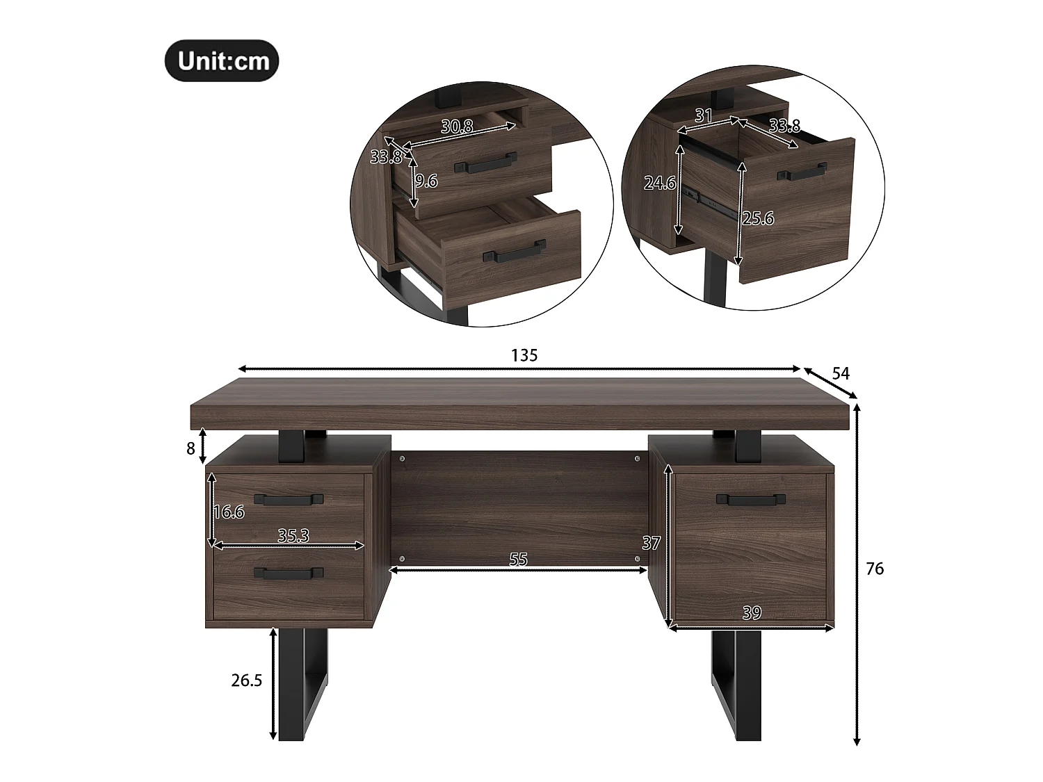 Bureau van bruin en zwart MDF en metaal (135 x 54 cm) met 3 lades
