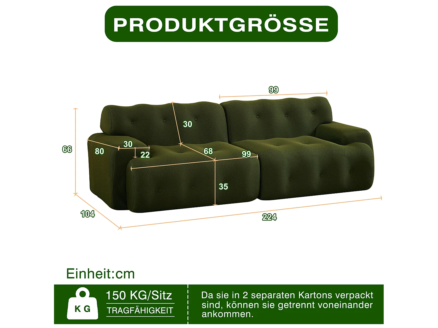 Modulär 2-sits tygsoffa (komprimerad) - Ingen montering krävs - Mörkgrön