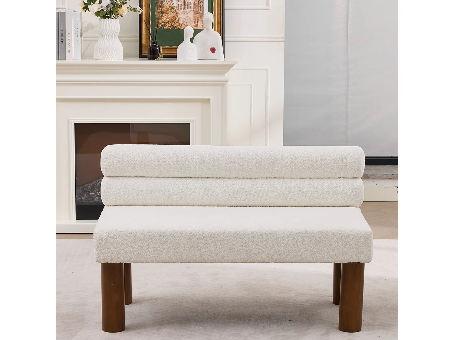 Banc 116 x 59 x 72 cm en tissu bouclé beige avec cadre en bois