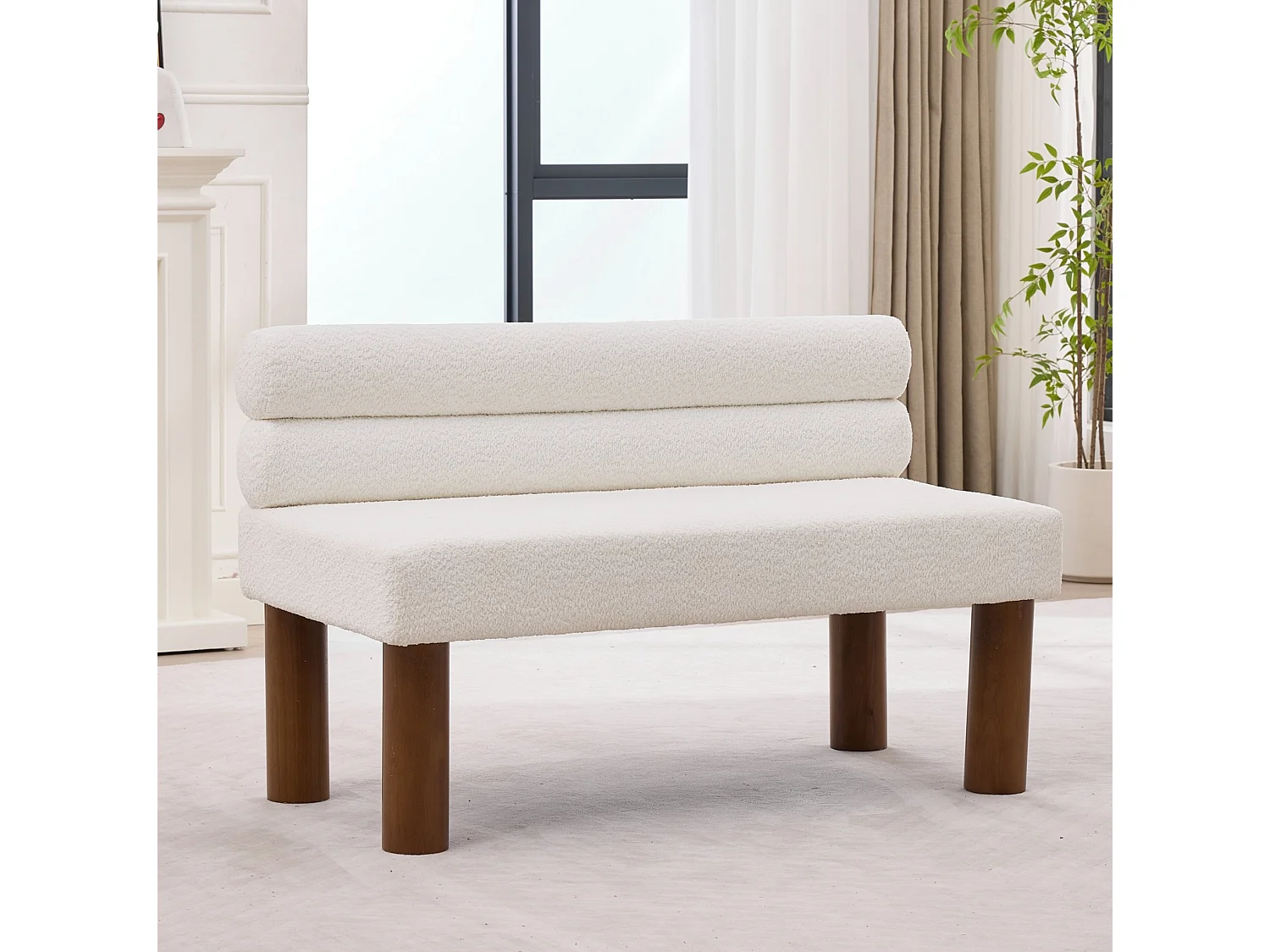 Banc 116 x 59 x 72 cm en tissu bouclé beige avec cadre en bois