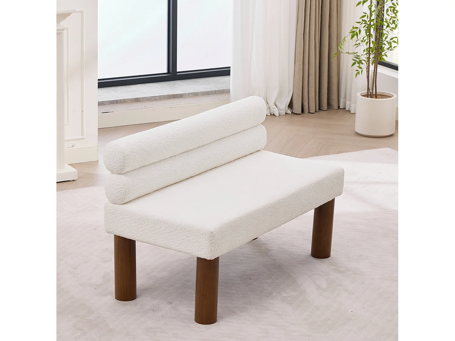 Banc 116 x 59 x 72 cm en tissu bouclé beige avec cadre en bois