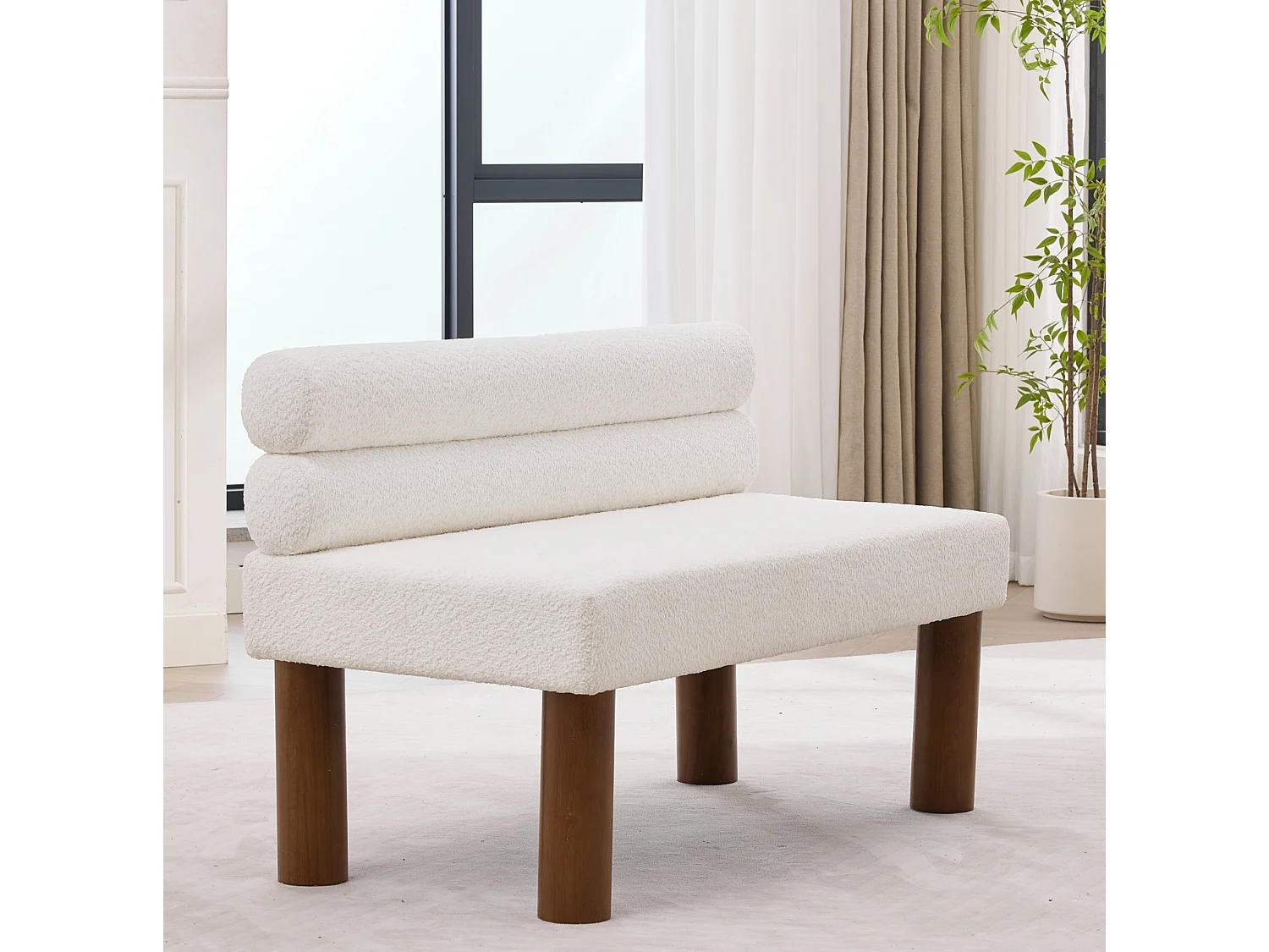 Banc 116 x 59 x 72 cm en tissu bouclé beige avec cadre en bois