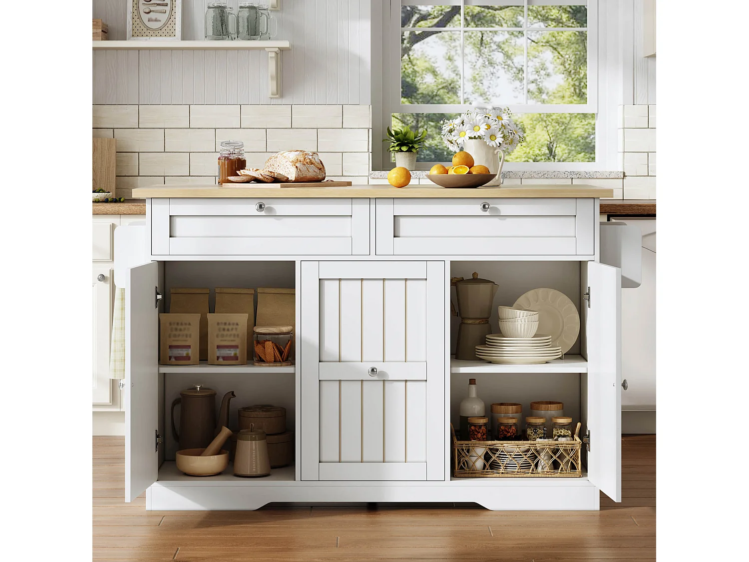 Isola cucina mobile con piano di lavoro pieghevole e 2 cassetti - Bianca 137 × 45 (70) × 92 cm
