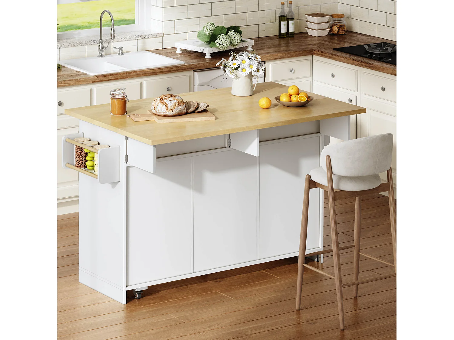 Isola cucina mobile con piano di lavoro pieghevole e 2 cassetti - Bianca 137 × 45 (70) × 92 cm