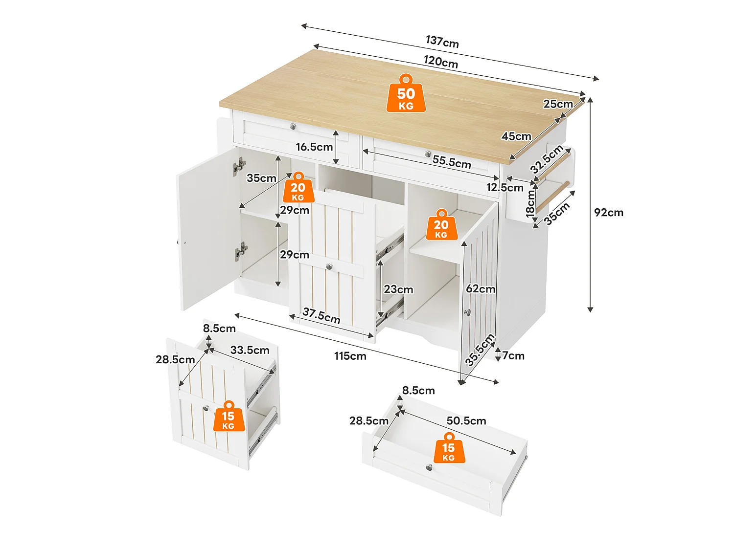 Isola cucina mobile con piano di lavoro pieghevole e 2 cassetti - Bianca 137 × 45 (70) × 92 cm