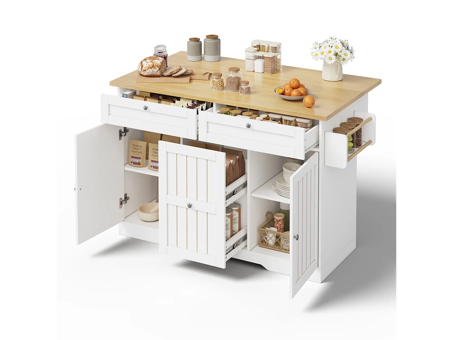 Isola cucina mobile con piano di lavoro pieghevole e 2 cassetti - Bianca 137 × 45 (70) × 92 cm