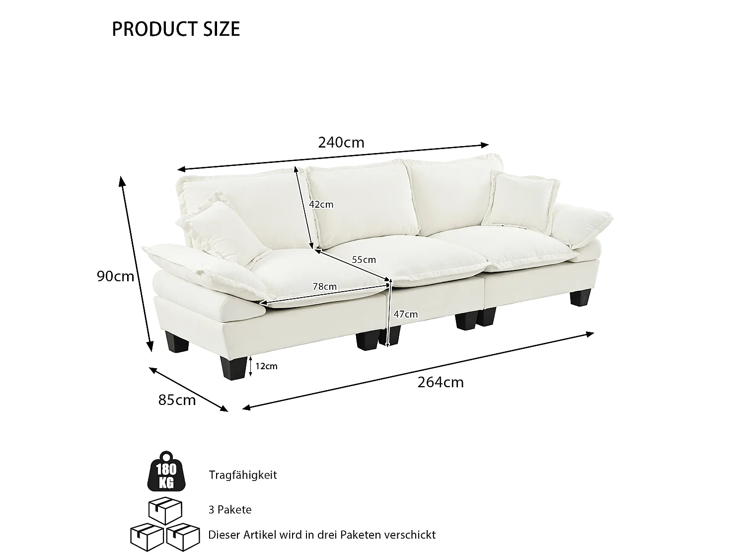 264 cm 3-sits modulär chenillesoffa med böjda armstöd - Beige