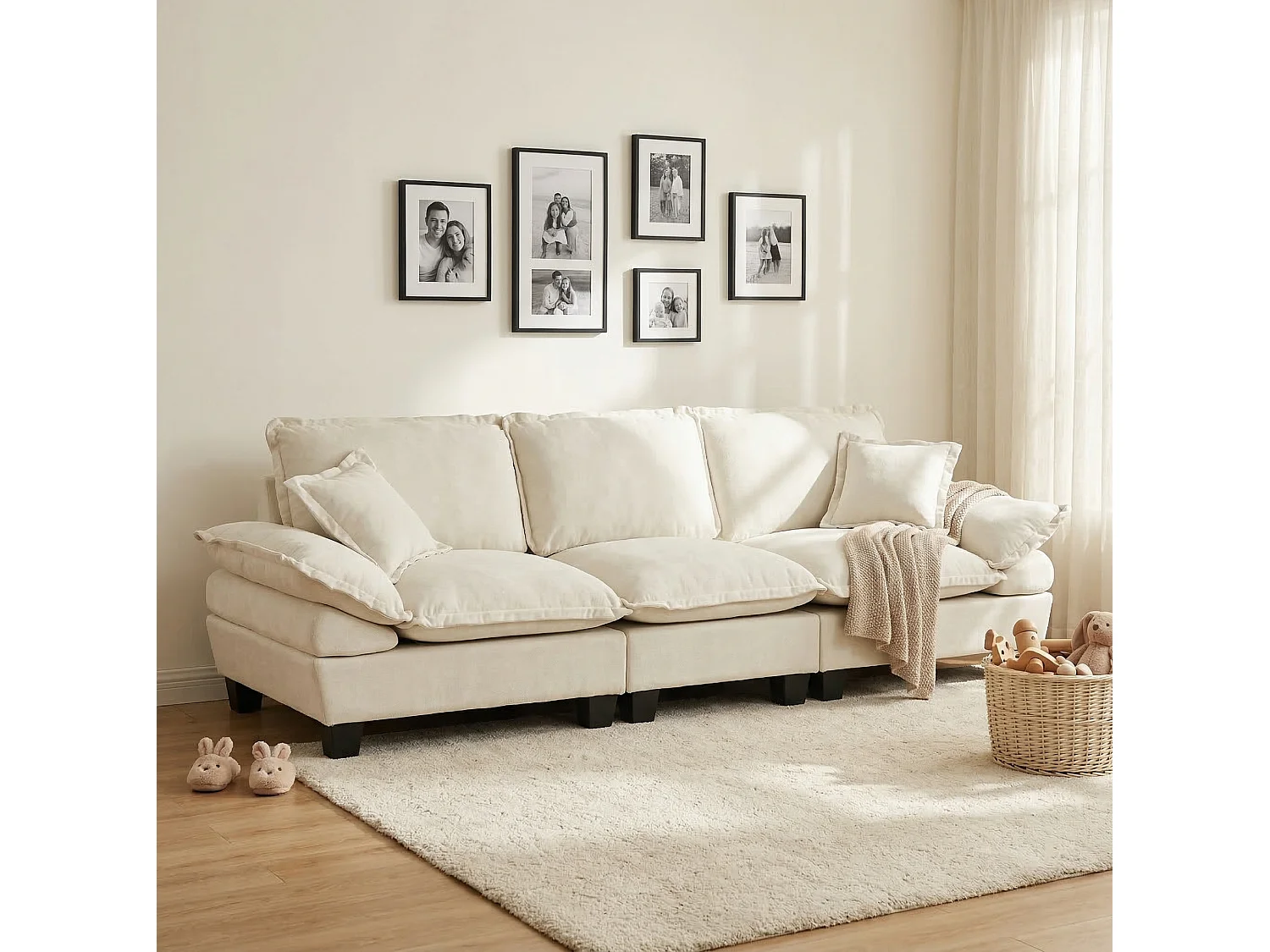 264 cm 3-sits modulär chenillesoffa med böjda armstöd - Beige
