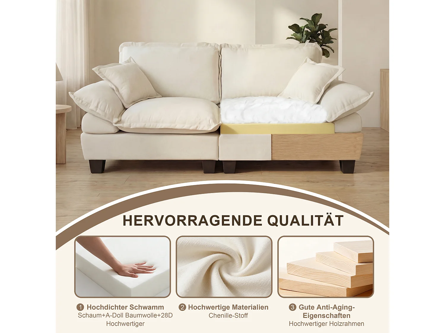 264 cm 3-sits modulär chenillesoffa med böjda armstöd - Beige